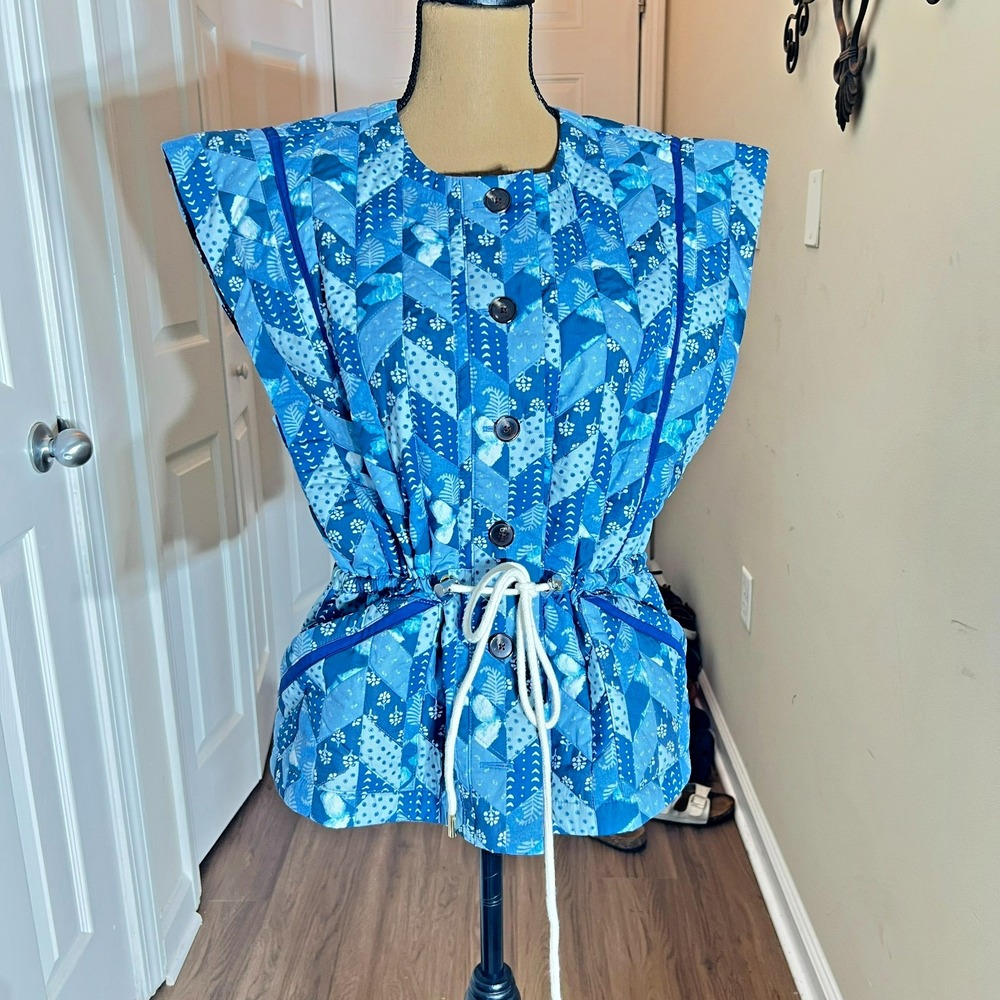 Ann Taylor Quilted Vest Size 8 Blue Patchwork Drawstring Waist Button‎ Front